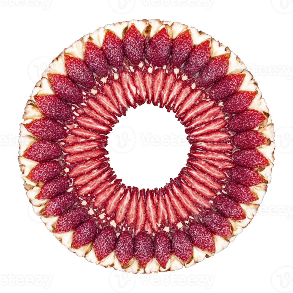 Dried Strawberry Chunk Mandala deep red dried strawberry chunks spiraling into a symmetrical circular pattern png