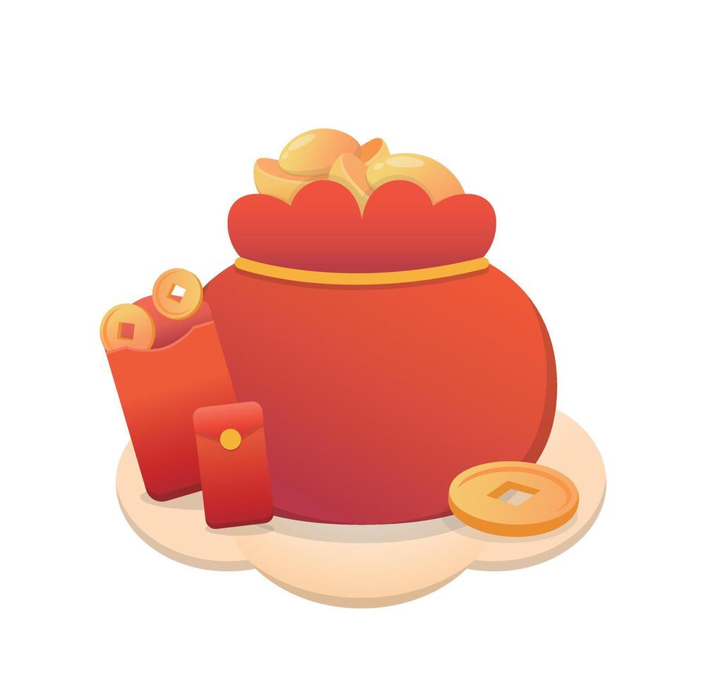 Red money bag with red envelope and coins filled with ingots and wealth, Chinese New Year illustration vector