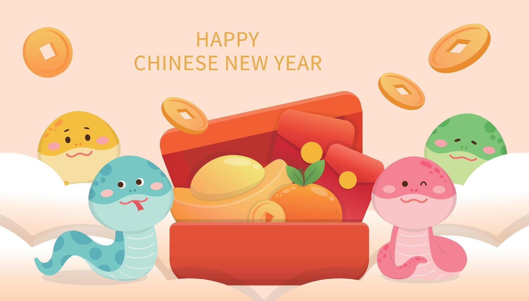 Red treasure chest with gold coins and red paper bag with wealth, Chinese new year mascot with cute snake vector