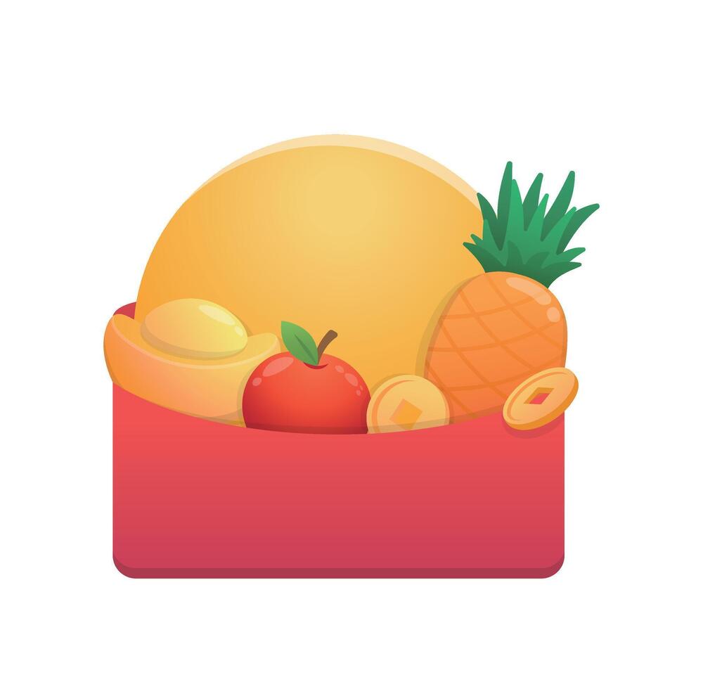 Chinese New Year, pineapple and apple with gold ingot and coins, template for commercial advertising or online shopping vector