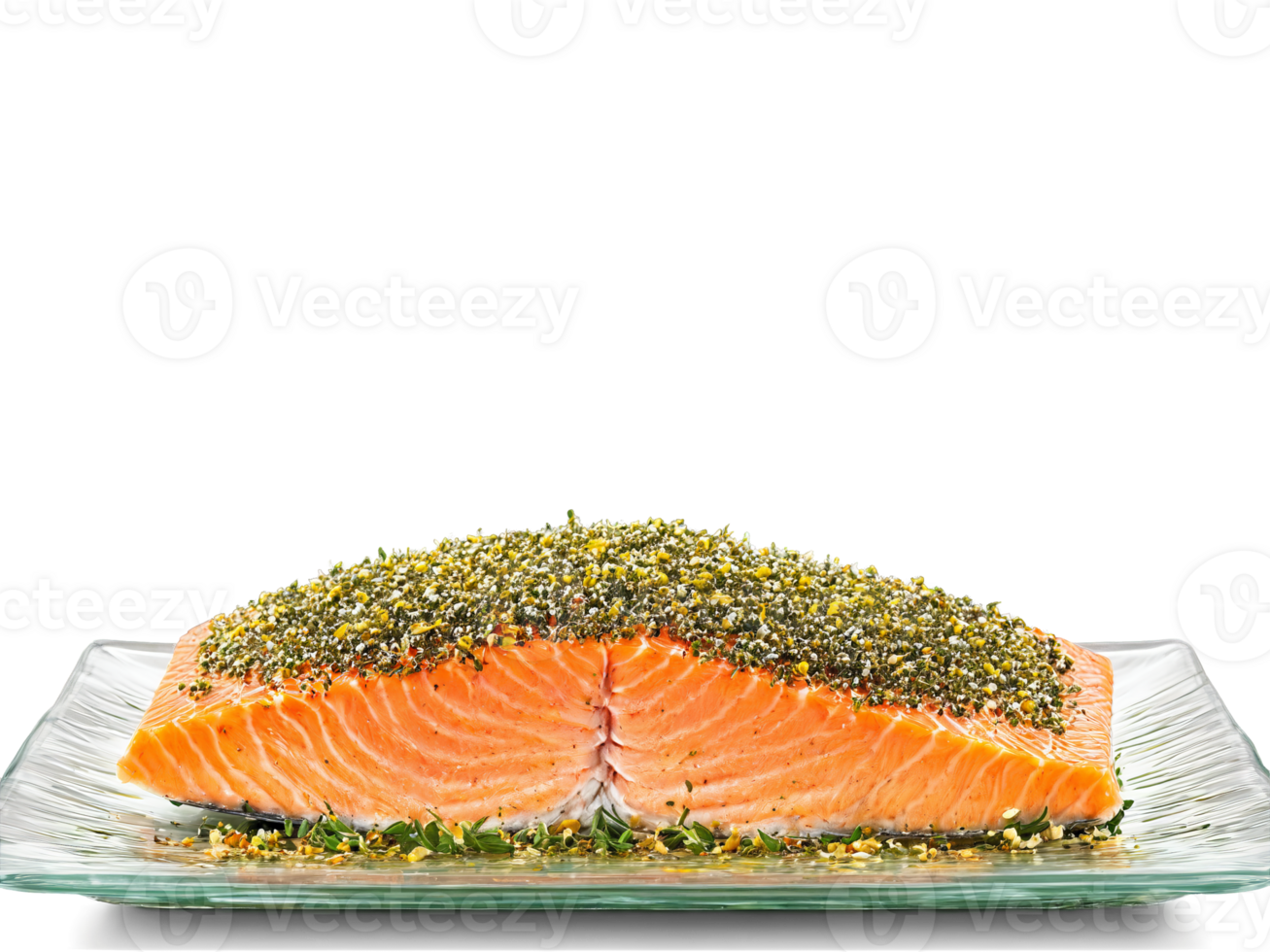 Baked salmon with a herb crust lemon slices on the side on a transparent rectangular png