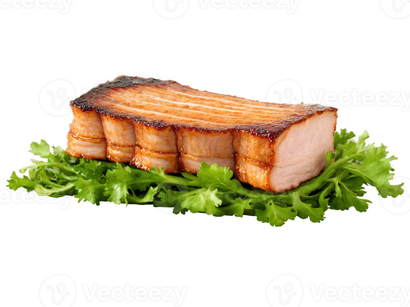 Crispy Pork Belly with tender meat and a golden-brown crackling, served with fresh greens, warm golden png