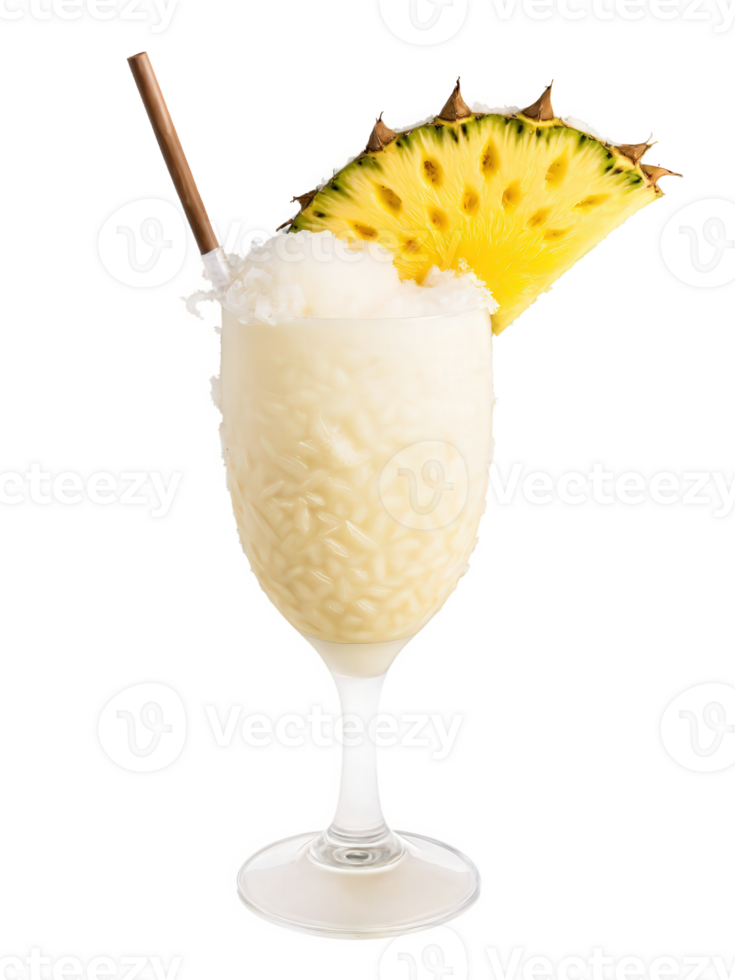 Frozen Pina Colada with rum, pineapple, coconut, and crushed ice, creamy white and yellow tones, isolated png