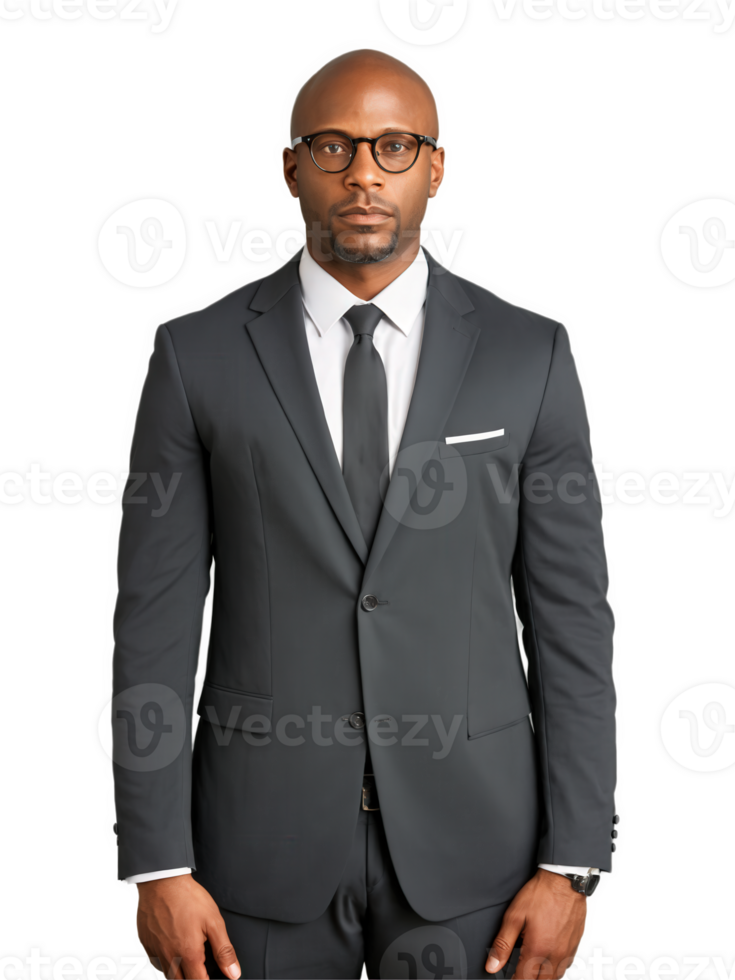 Professional Black man with glasses, serious expression, business suit, isolated background, sharp lighting. png