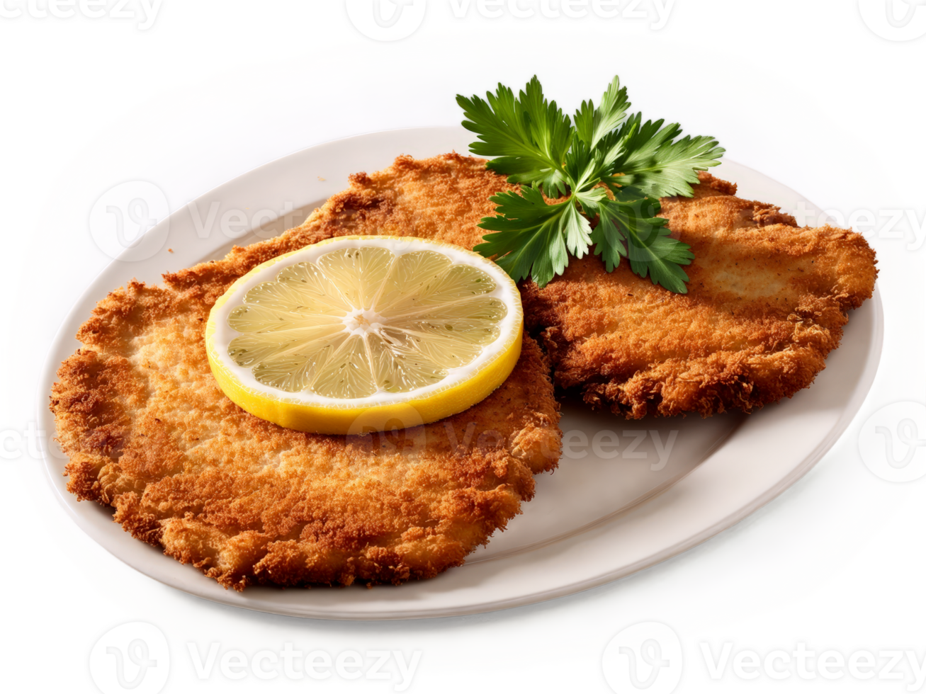 Wiener Schnitzel crispy golden breaded veal cutlet with fresh lemon wedge and sprig of parsley png