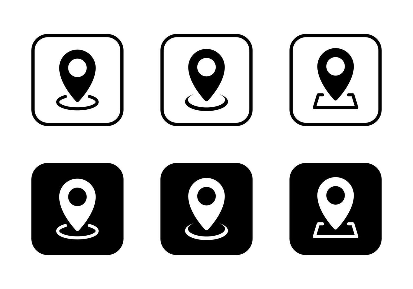 Address, location icon set on black square. Map pin, place marker sign symbol vector