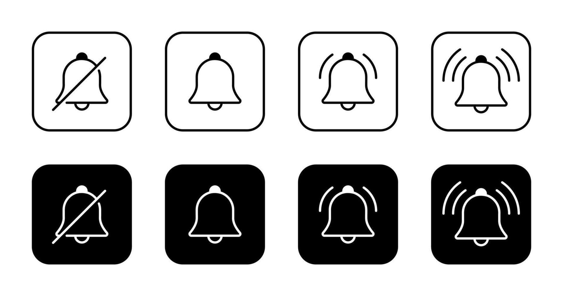 Silent bell and notification icon set collection on black square. New notice outline sign symbol vector