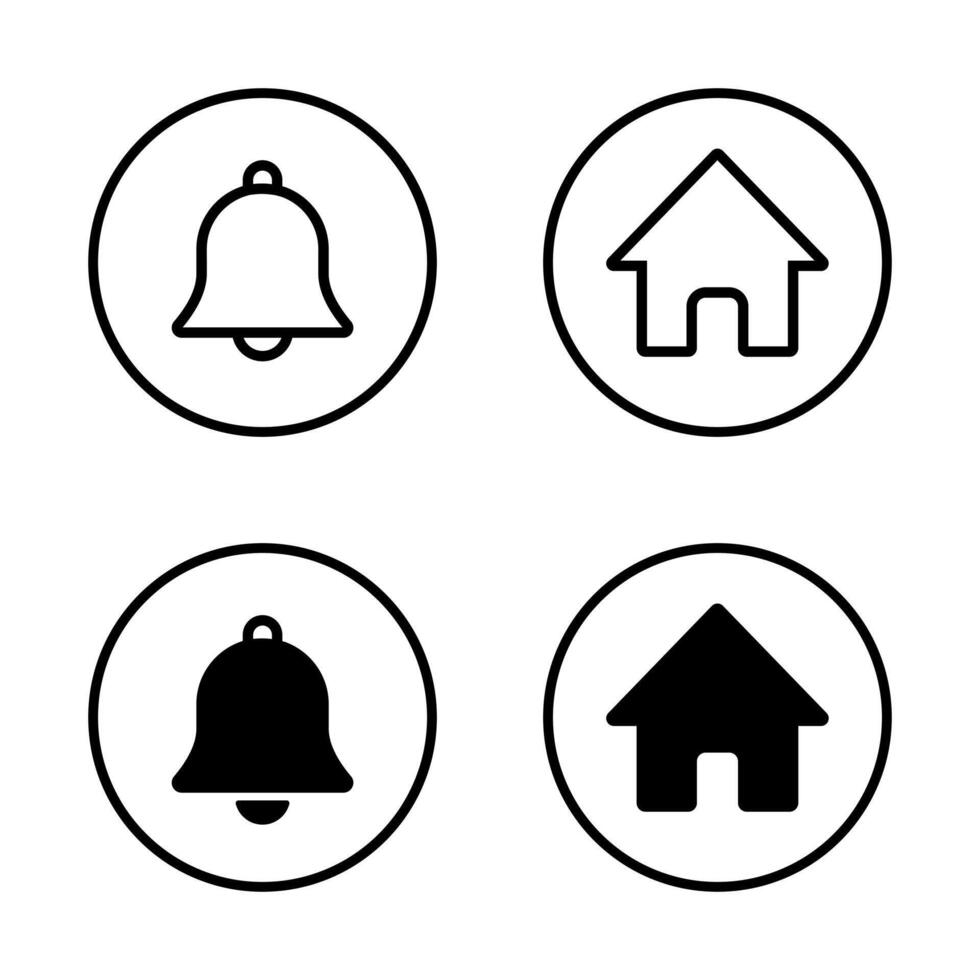 Notification bell and home icon on circle line. New notice and house sign symbol vector
