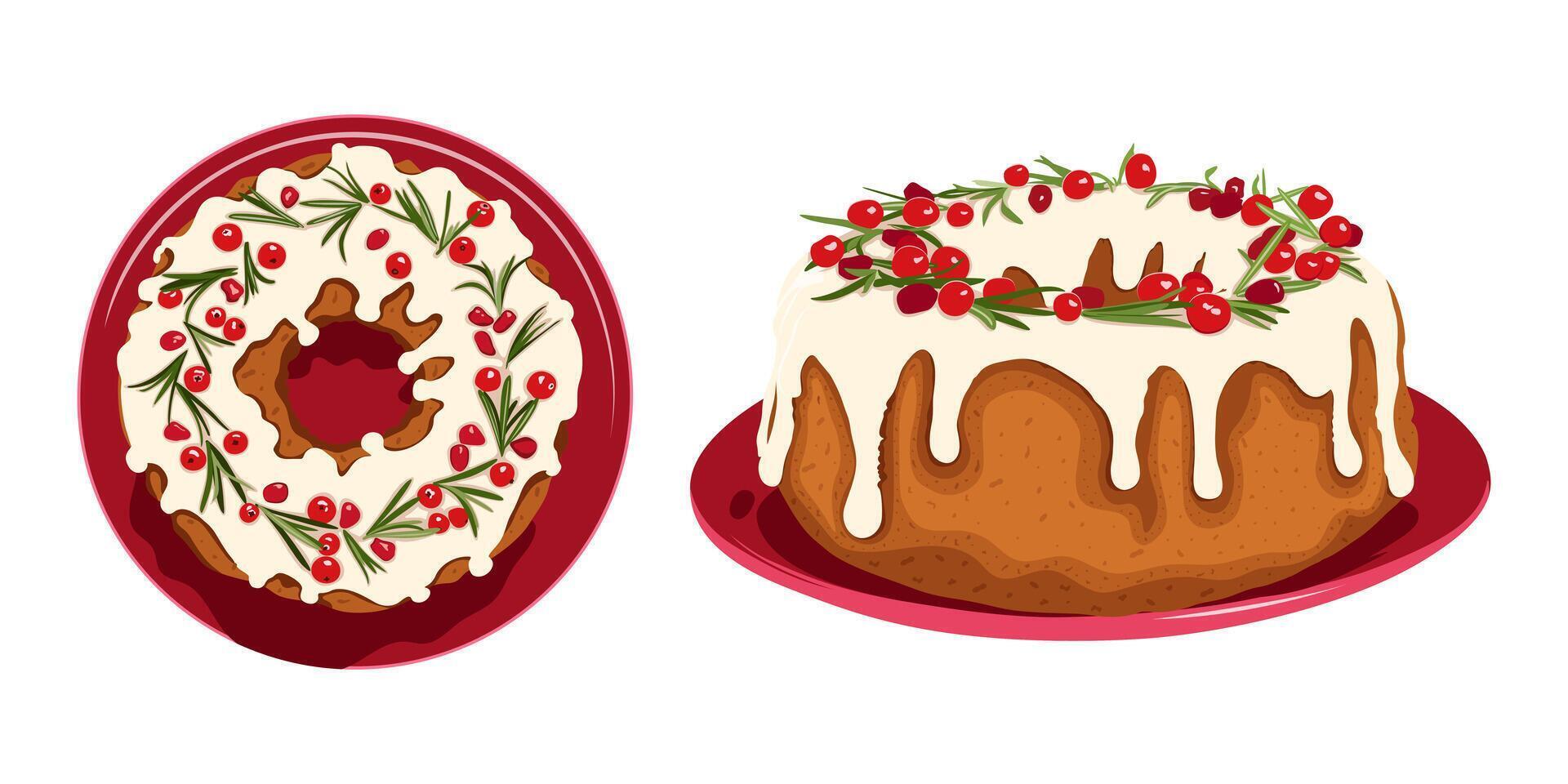 English Christmas cake. and drawn isolated round Xmas brown cake with berry fruit and sugar cream, icing or souce decoration, fruitcake on plate vector