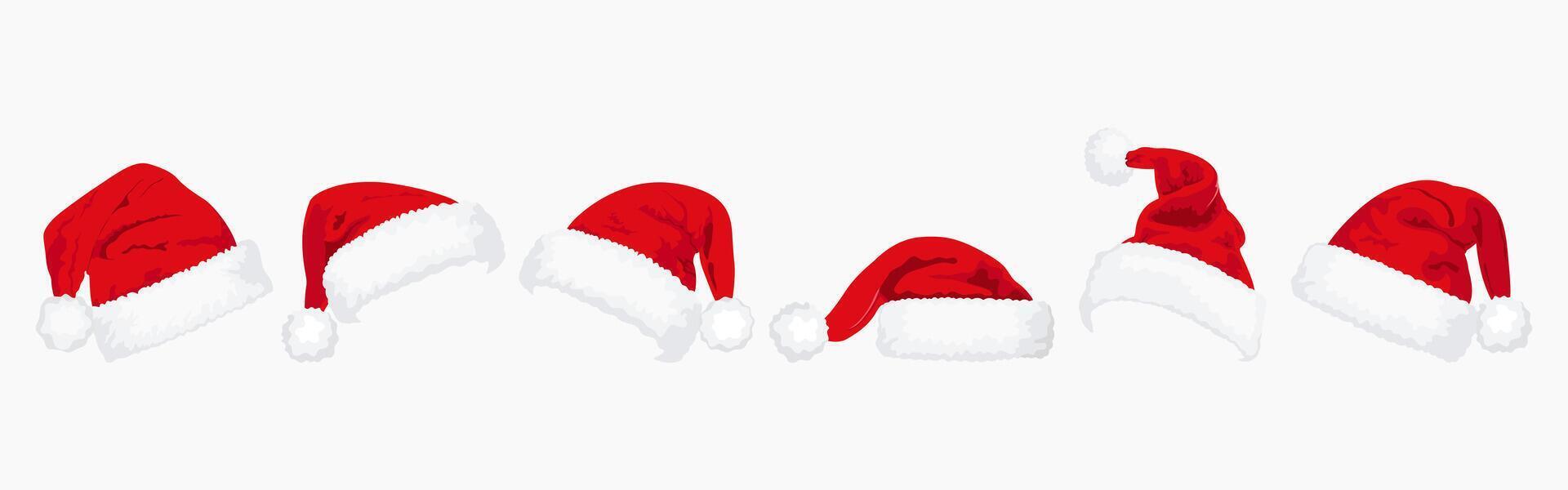 Set of red Christmas Santa Claus hats isolated on white background. Hand drawn simple Santa hats. vector