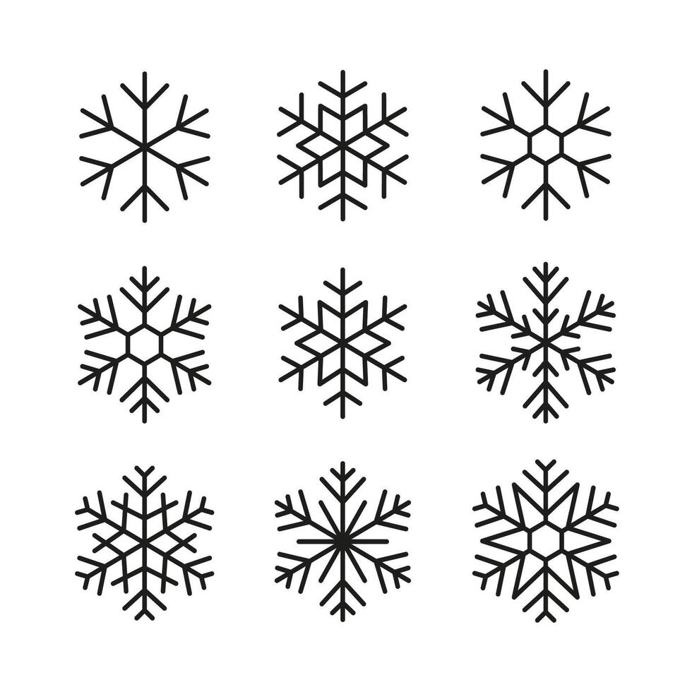 Set of snowflakes icon, black outline on a white background. vector