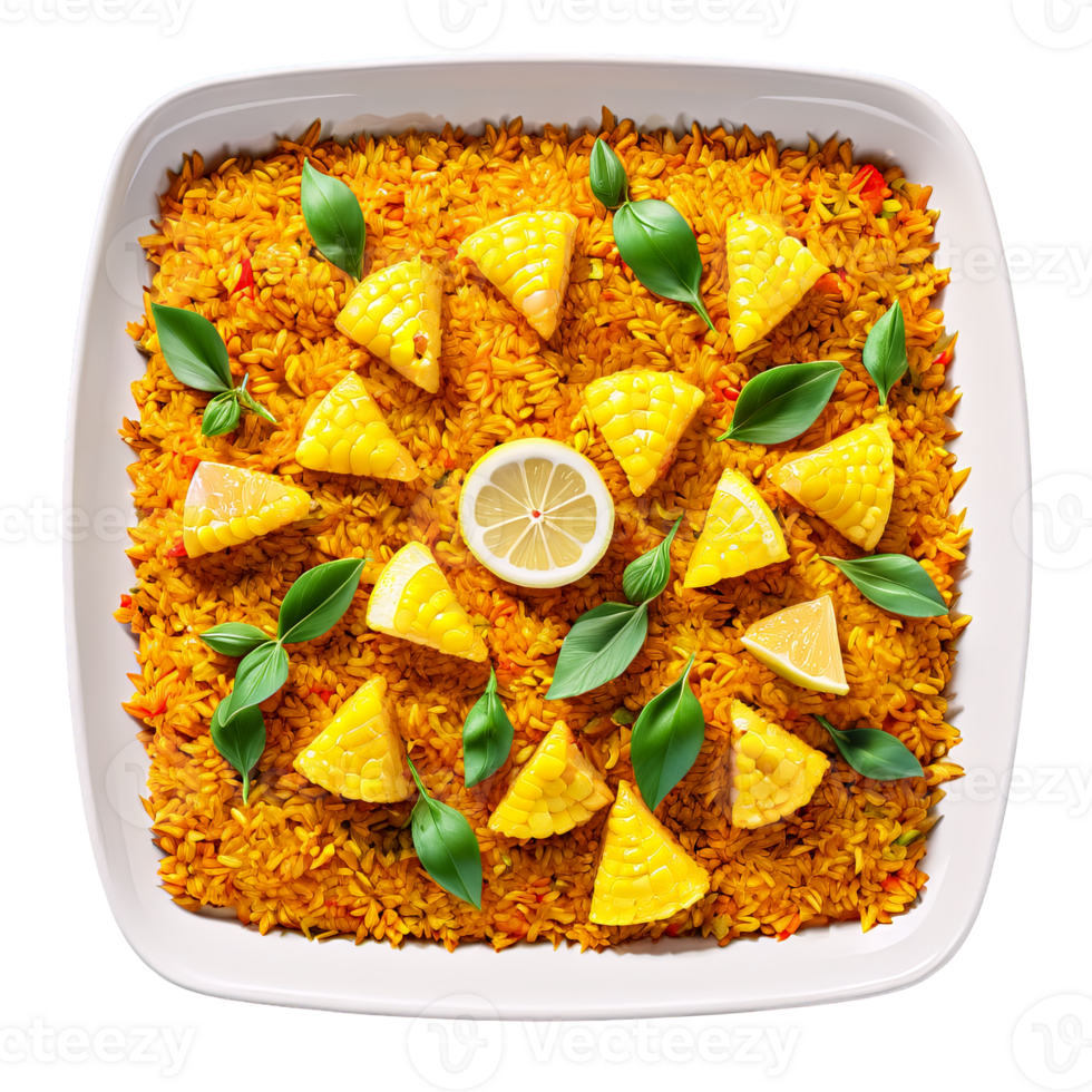 A flavorful and aromatic paella in a square glass dish, garnished with fresh lemon wedges and served with png