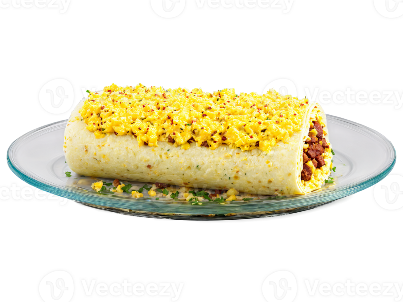 Breakfast Burrito with scrambled eggs chorizo and potatoes served on a transparent glass dish hearty png