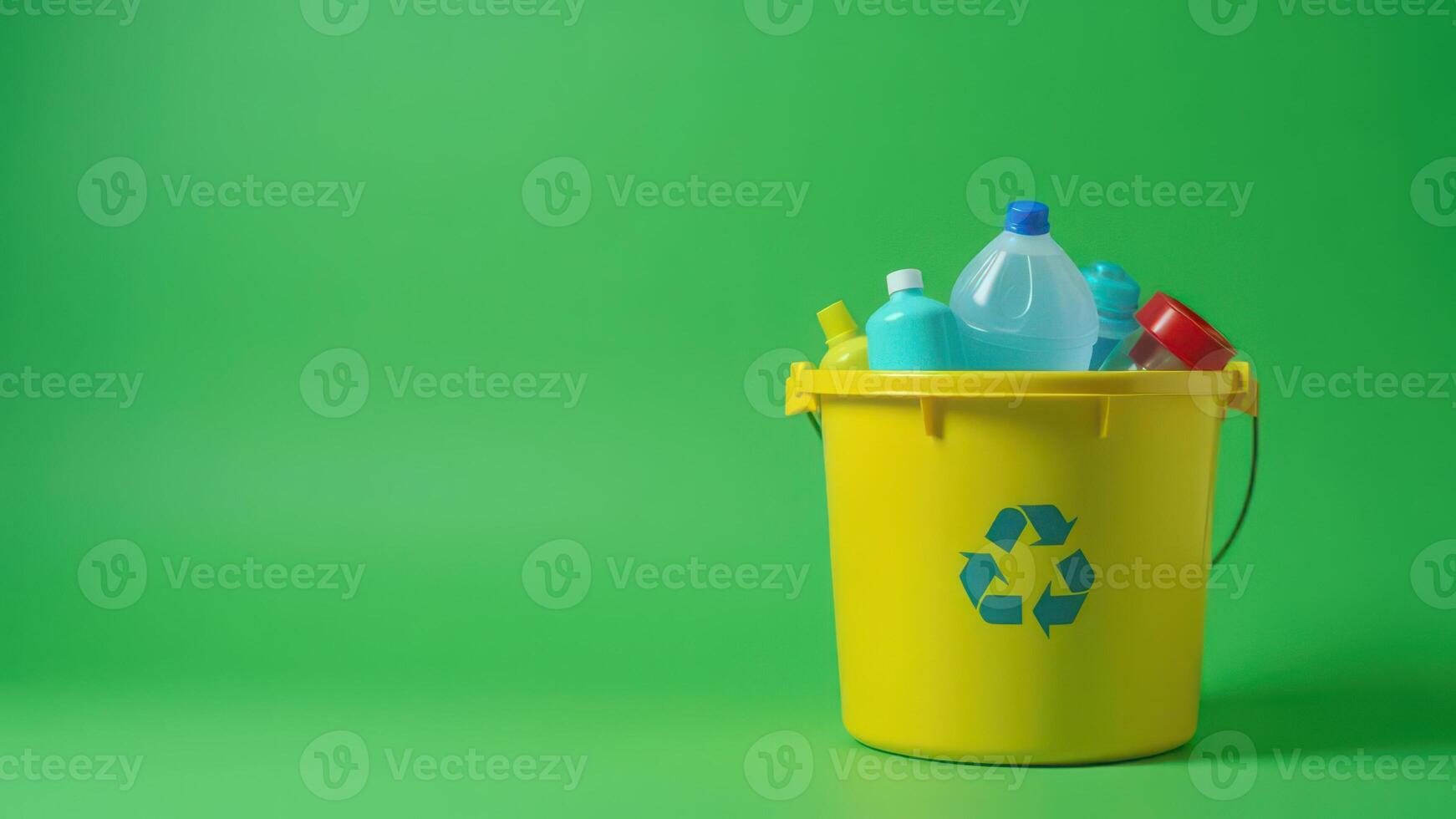 Colorful recyclable plastic bottles in yellow bin against green background. word pollution prevention day photo