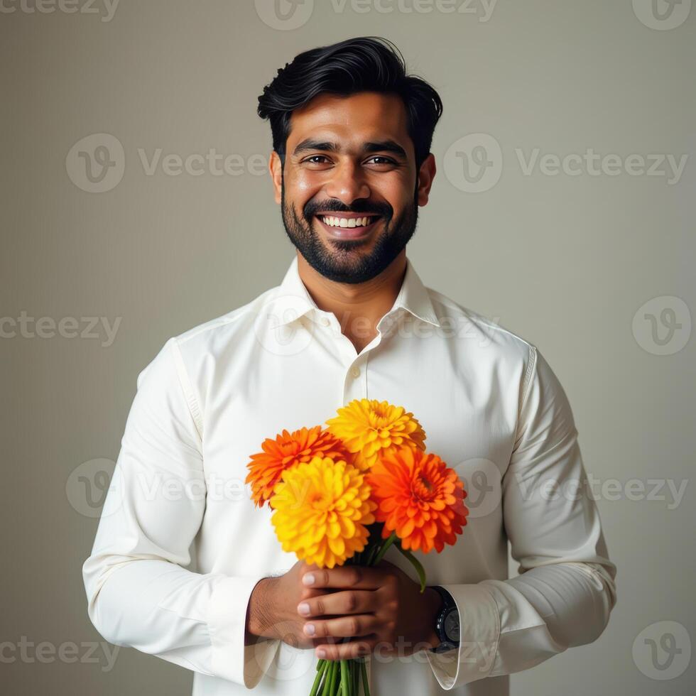 A cheerful man in a white shirt smiles warmly while holding a bouquet of bright orange flowers against a neutral background. Pongal, celebrated in India photo