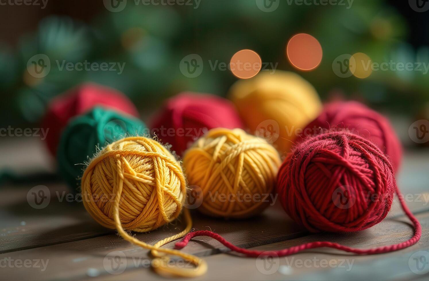 Colorful yarn balls on wooden surface with blurred festive lights in background photo
