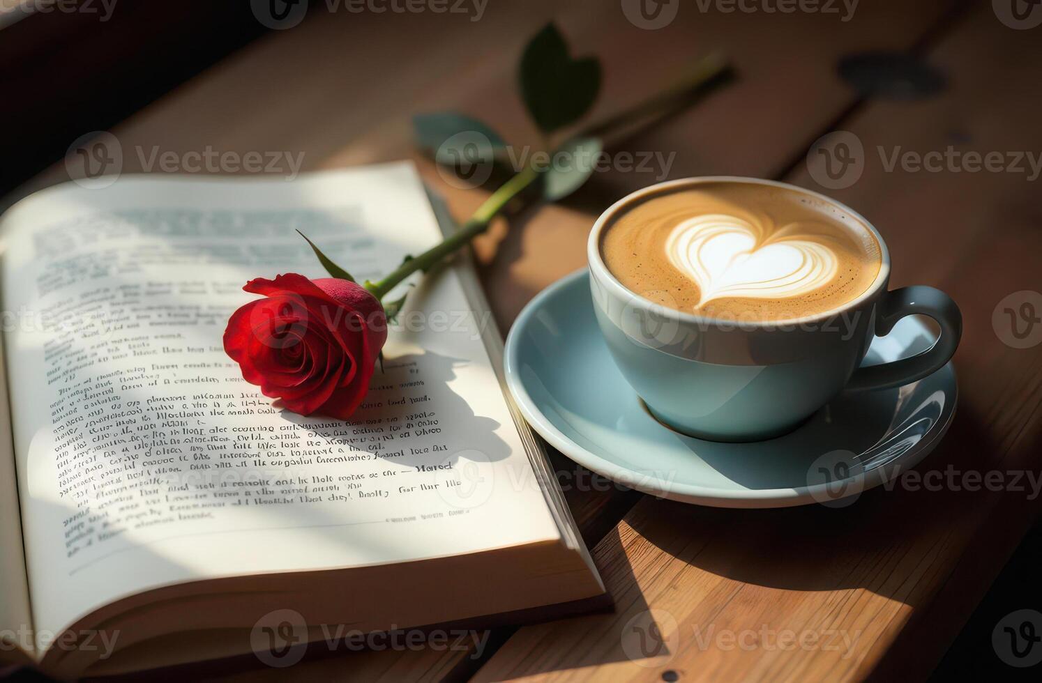Romantic morning. coffee with heart art, open book, and a red rose photo