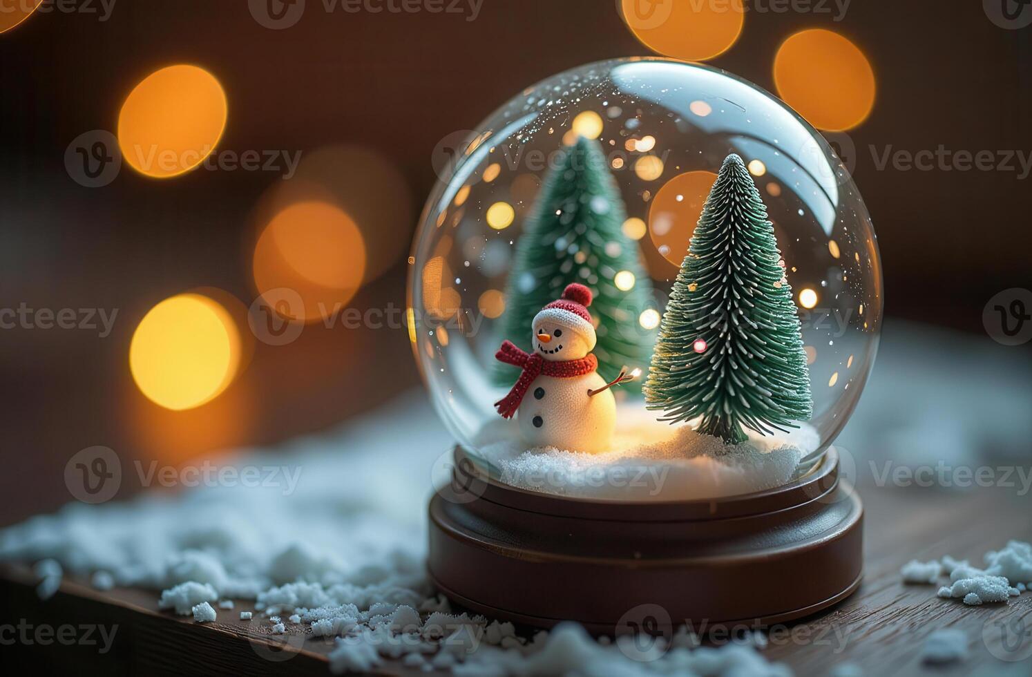 Festive snow globe with cheerful snowman and christmas trees photo