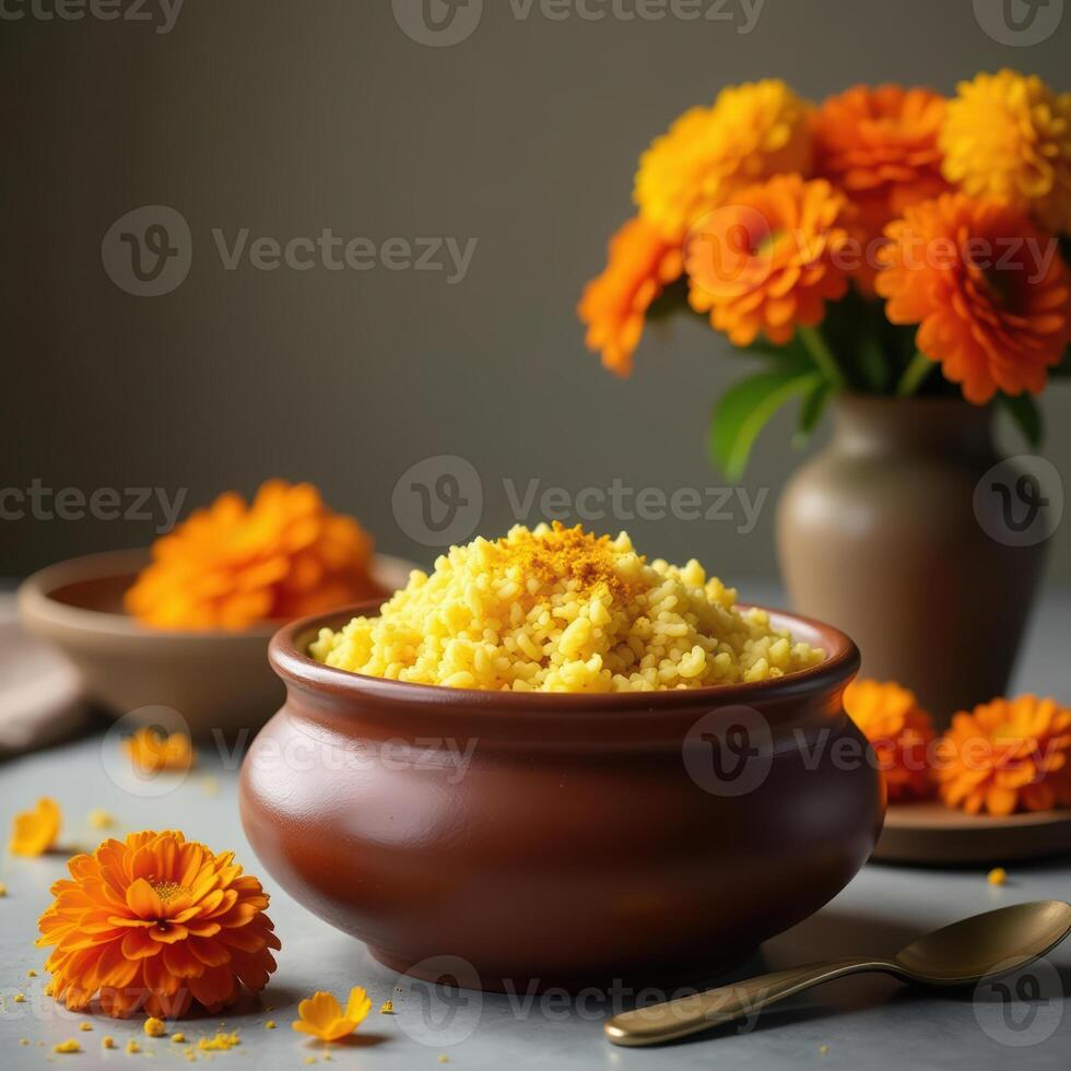 bulgur or rice dish paired with vibrant marigold flowers for cozy dining table decor. Pongal, celebrated in India, sun six-month long journey northwards photo