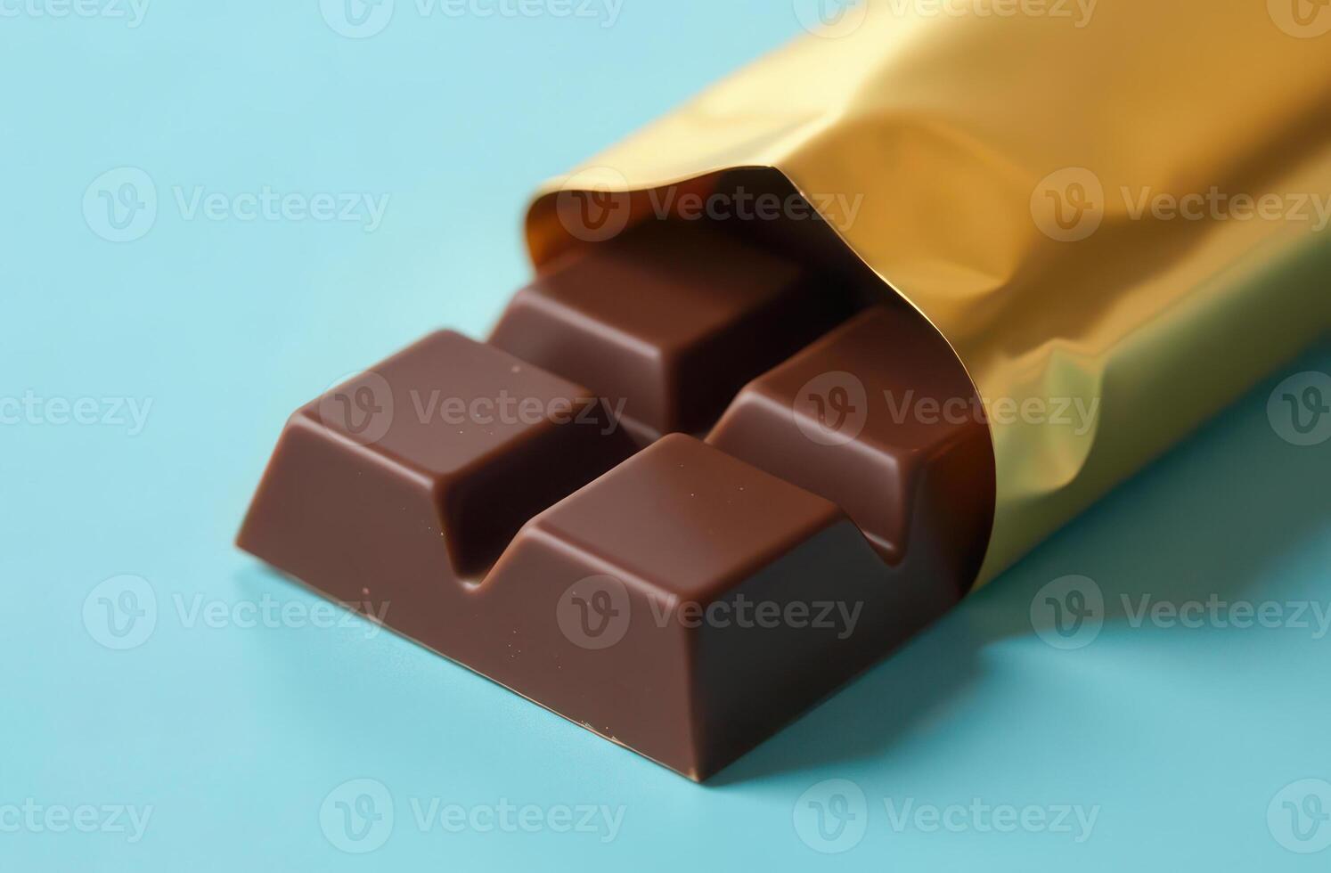 Delicious chocolate bar wrapped in gold foil on vibrant blue background photo