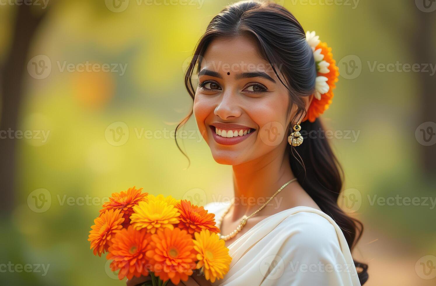 A woman in traditional attire smiles warmly, holding vibrant orange flowers. Pongal, celebrated in India photo