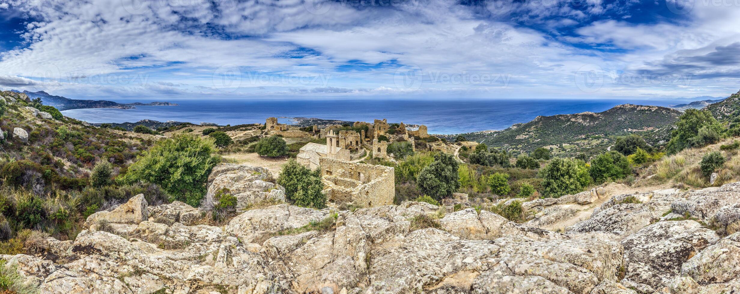 Panoramic view of the ruins in the abandoned historic village of Occi in western Corsica photo