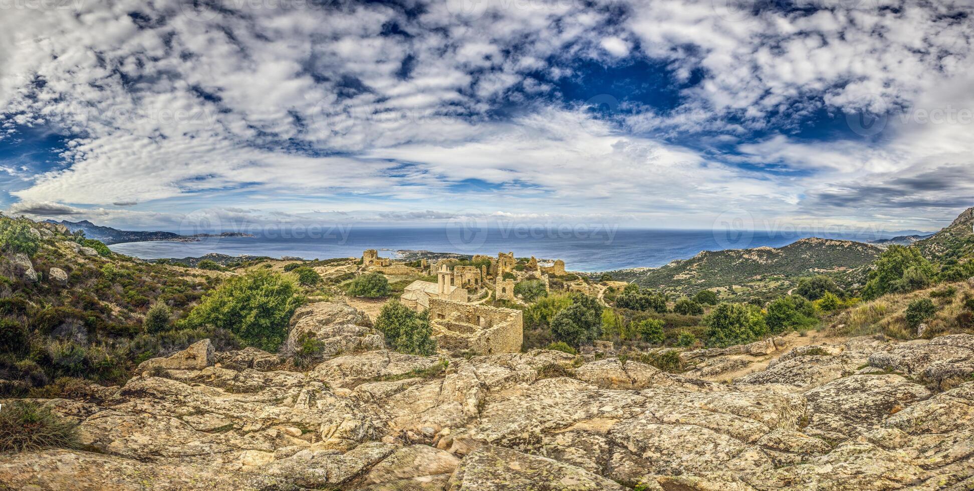 Panoramic view of the ruins in the abandoned historic village of Occi in western Corsica photo