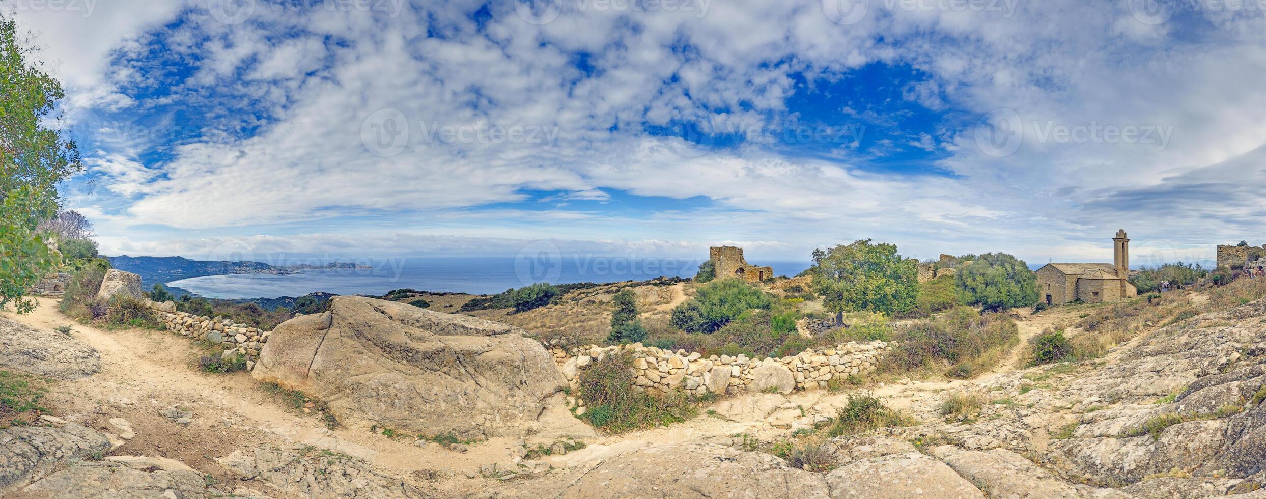 Panoramic view of the ruins in the abandoned historic village of Occi in western Corsica photo