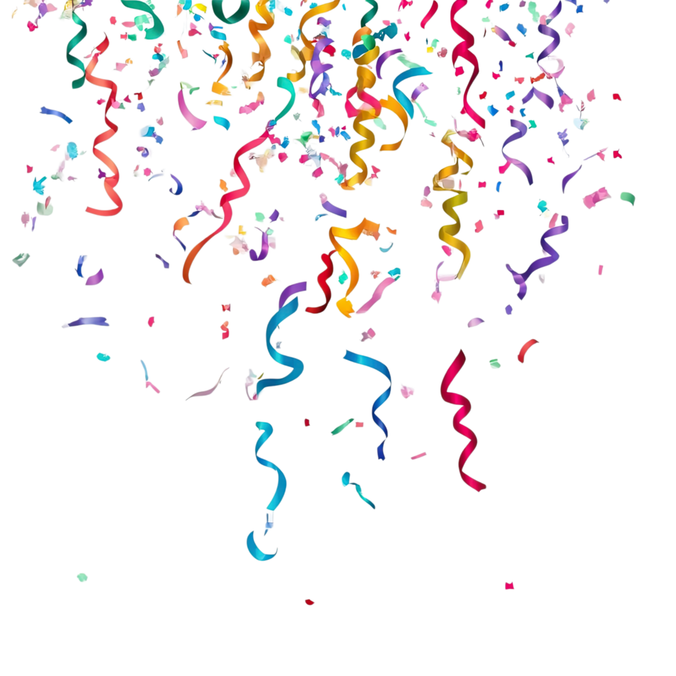 Colorful confetti and ribbons falling on a transparent background png