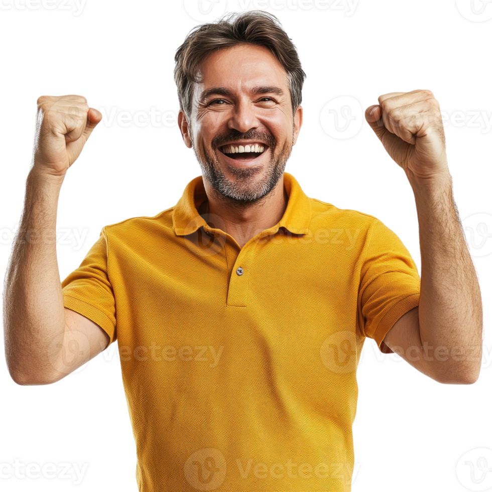 A happy man in his late thirties wearing an amber polo shirt, isolated on a transparent background png
