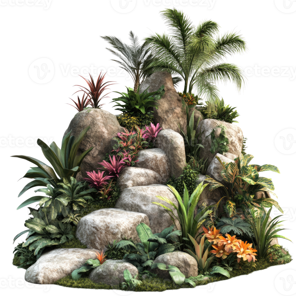 A garden with large rocks and tropical plants, isolated on a transparent background. png