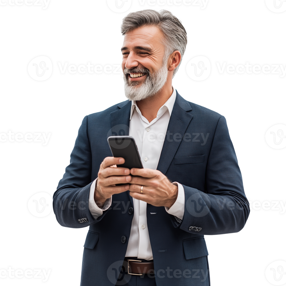 standing businessman in formal holding mobile phone on transparent background png