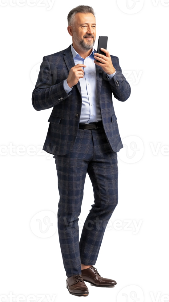 standing business man holding mobile phone on transparent background png