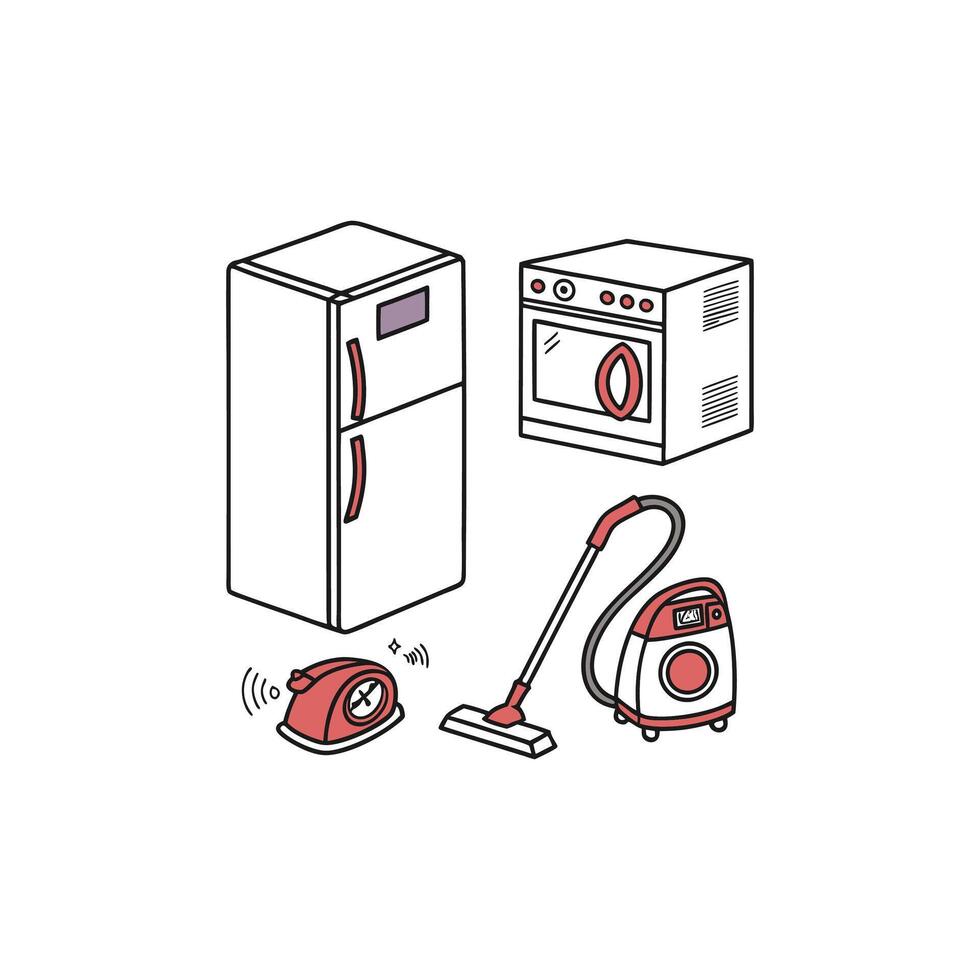 A set of appliances including a vacuum cleaner, refrigerator and microwave vector