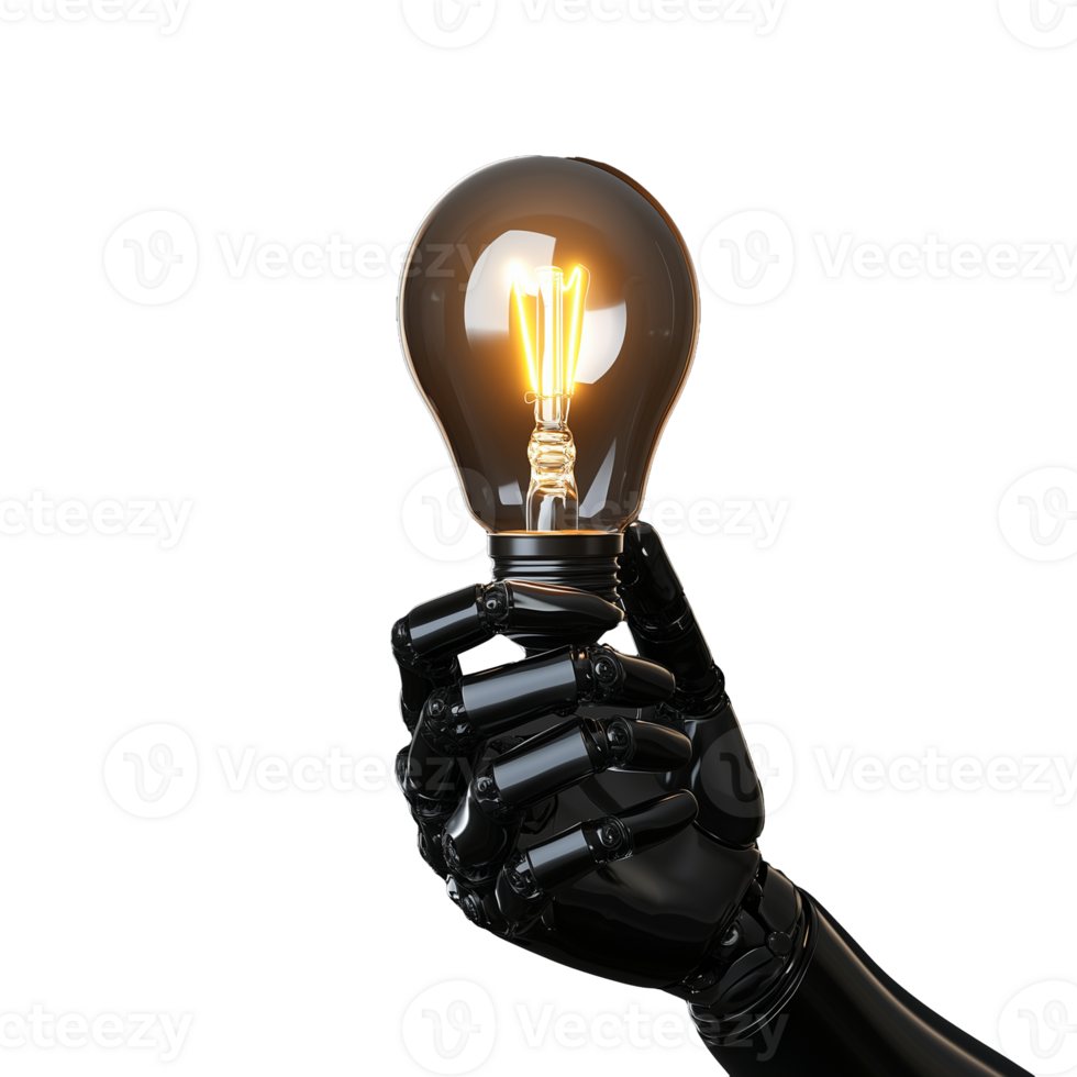 Robotic Hand Holding Illuminated Light Bulb on Transparent Background png