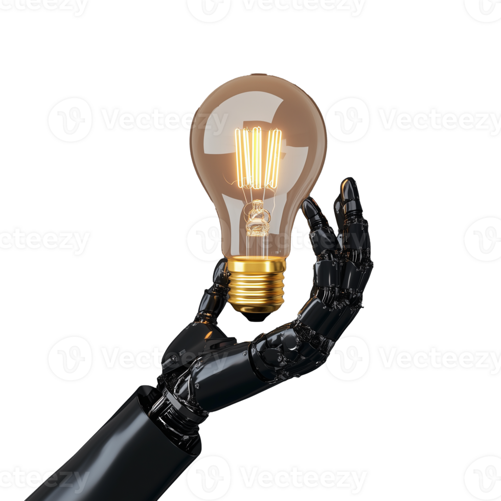 Robotic Hand Holding Illuminated Light Bulb on Transparent Background png