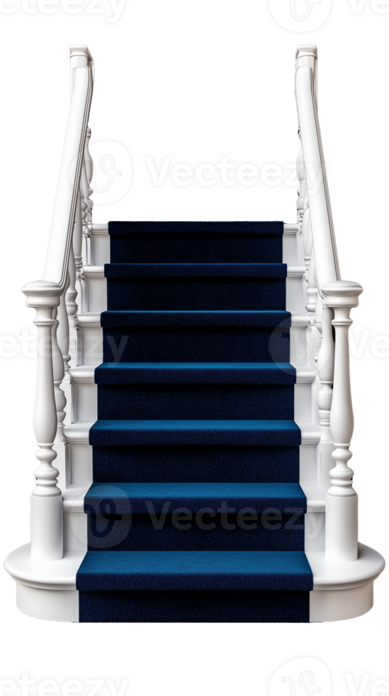 Elegant Wooden Staircase with Blue Carpet on Transparent Background png