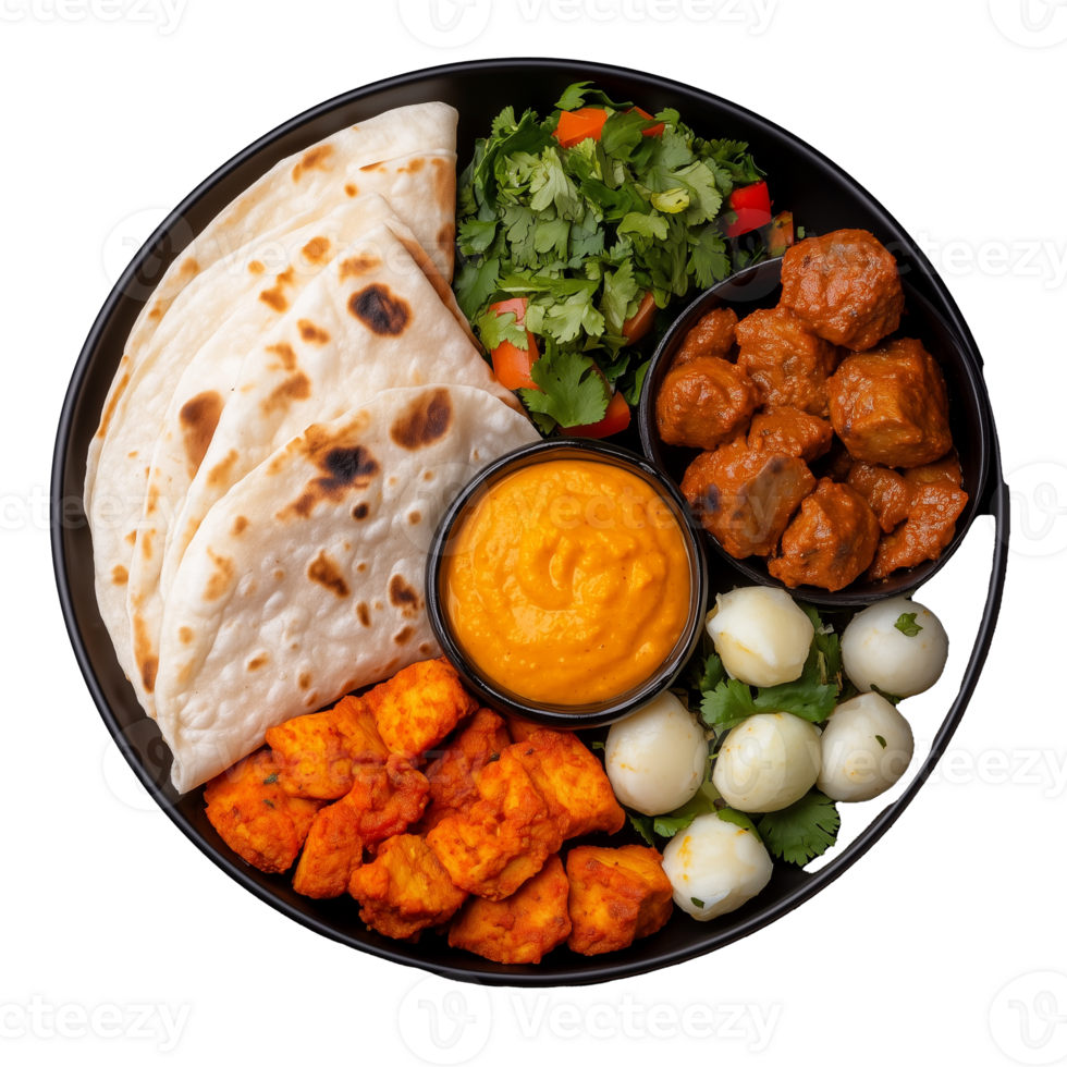 Diverse Indian Cuisine Platter with Naan and Curry on Transparent Background png