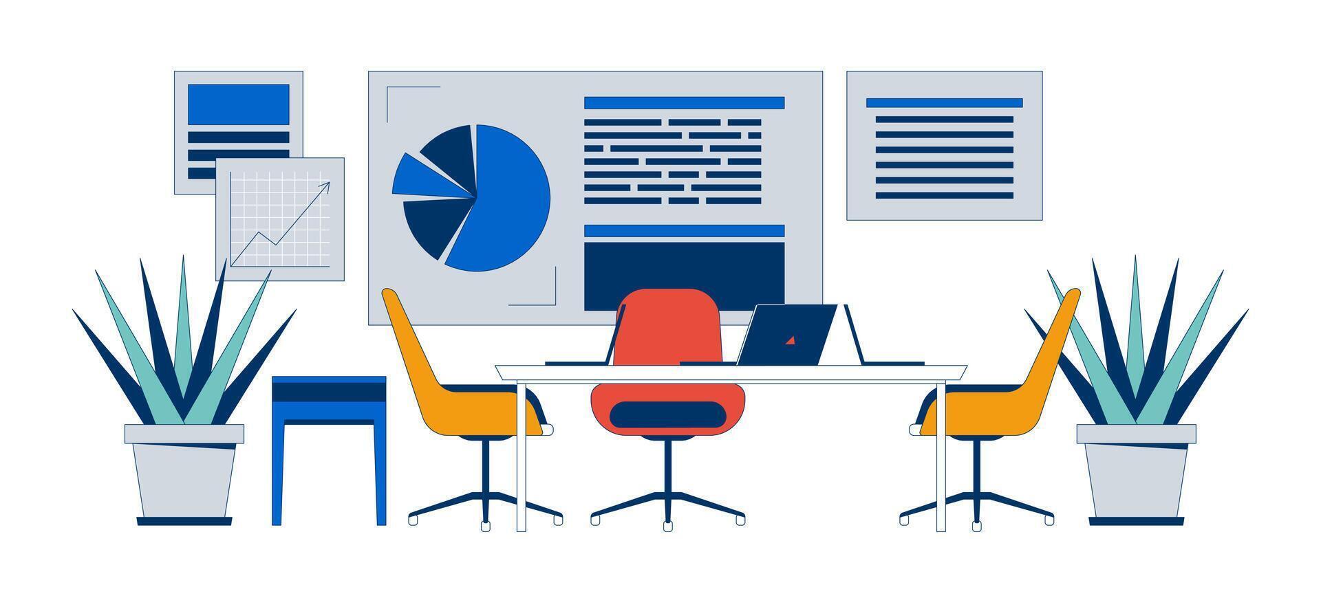 Corporate office interior with info charts cartoon flat illustration. Boardroom with furniture, houseplants and data presentation 2D scene isolated on white background. colorful image vector