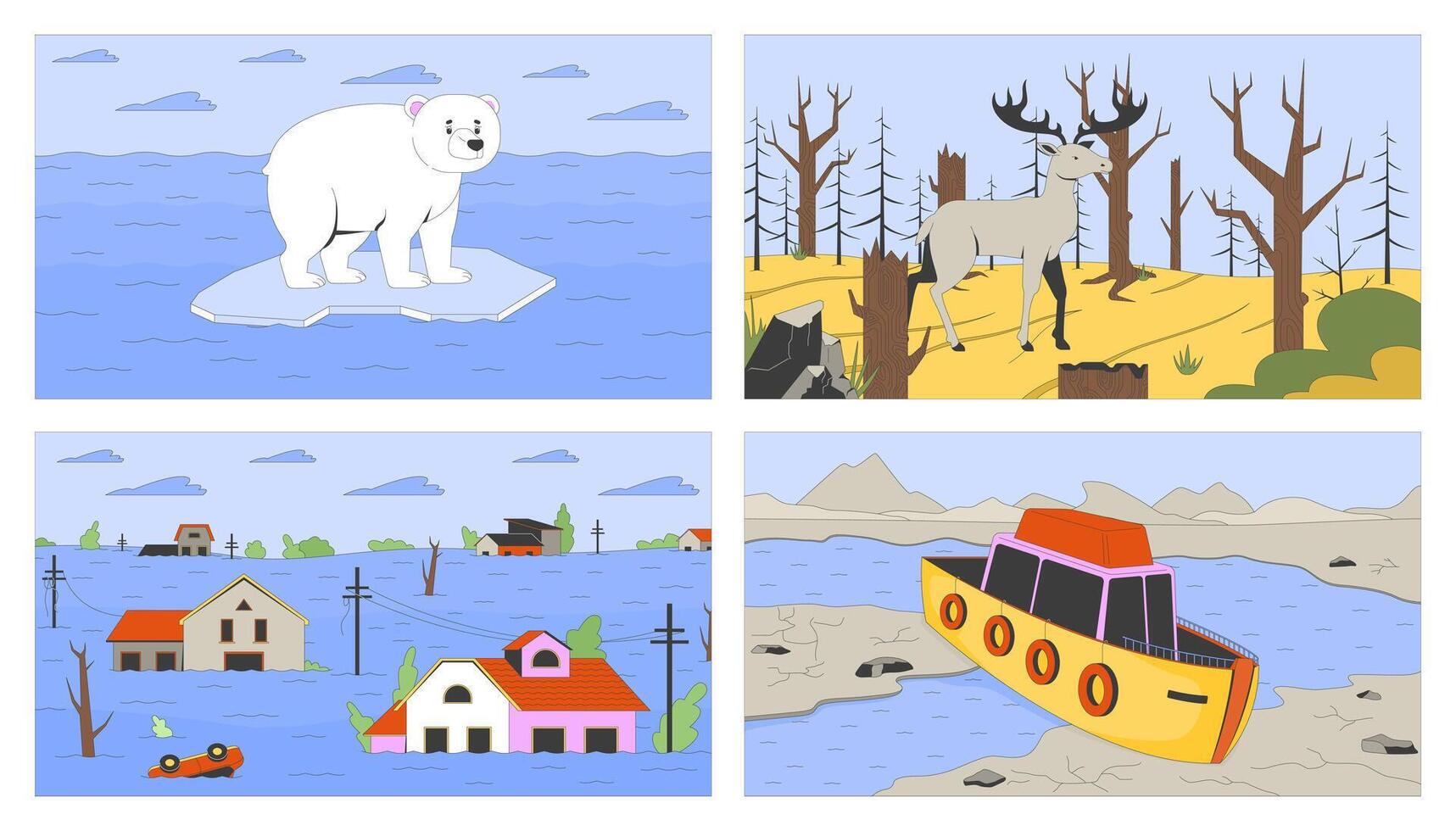 Climate crisis impact cartoon flat illustrations set. Environmental damage of nature 2D characters and sceneries colorful backgrounds. Disasters scenes storytelling images collection vector