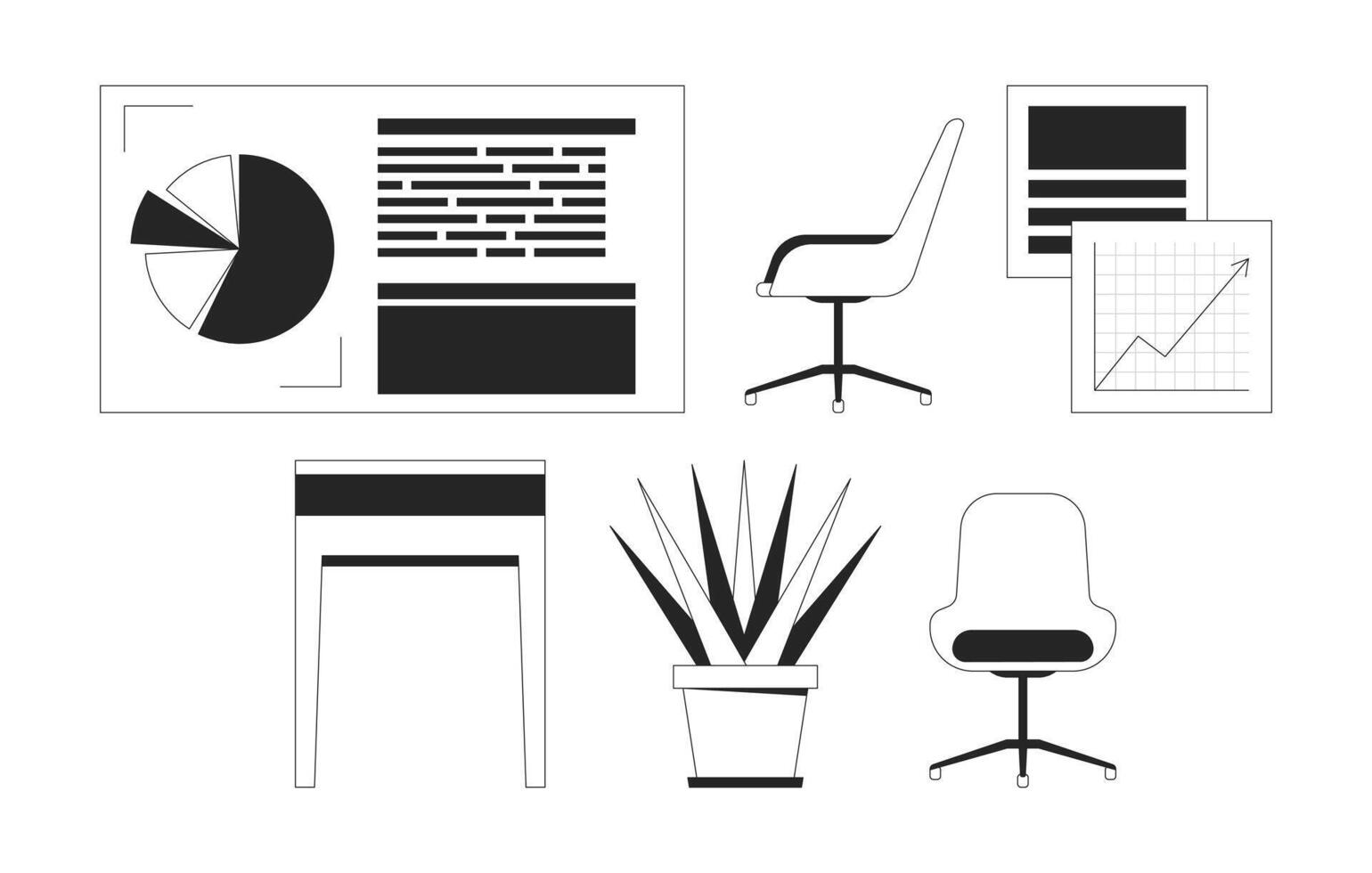 Modern business company office supplies black and white 2D line objects set. Furniture details and infographics isolated clip arts outline items collection. Monochrome spot illustrations vector