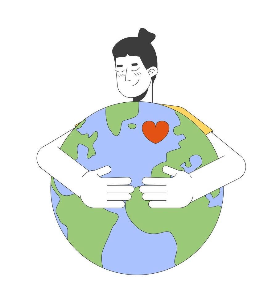 Love your home 2D illustration concept. Environmental care idea. Happy asian man hugging earth globe with heart cartoon character isolated on white. Metaphor abstract flat graphic vector
