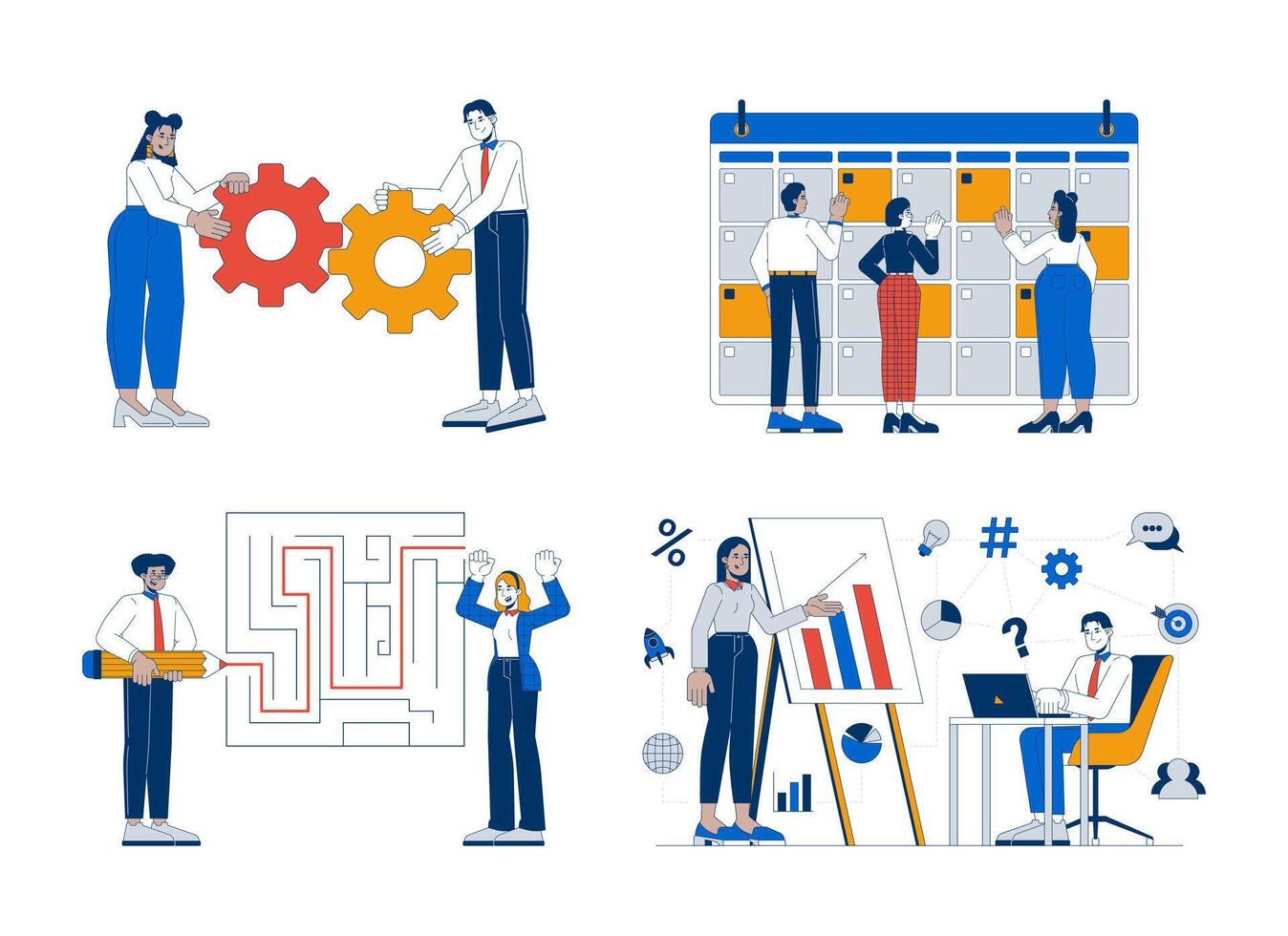 Businesspeople multiracial teams 2D illustration concepts set. Corporate employees working on business projects cartoon characters isolated on white. Metaphors abstract flat collection vector
