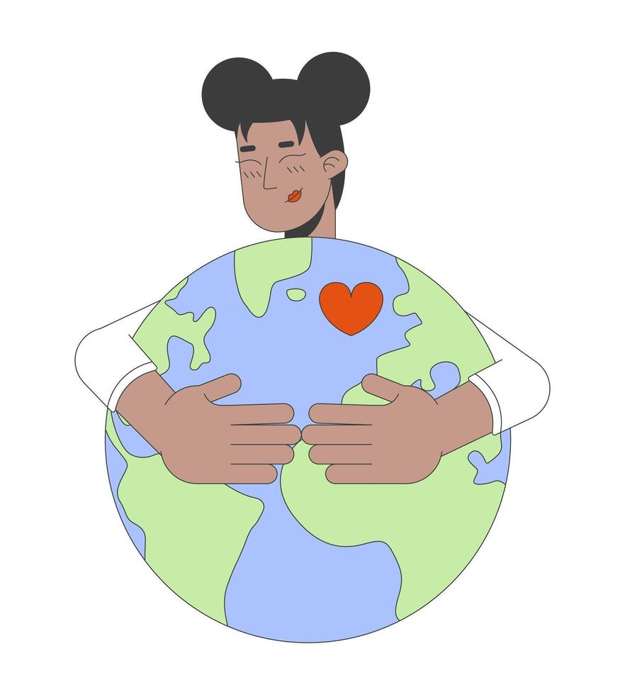 Save planet 2D illustration concept. Climate crisis prevention. Positive african american woman embracing planer with heart cartoon character isolated on white. Metaphor abstract flat graphic vector