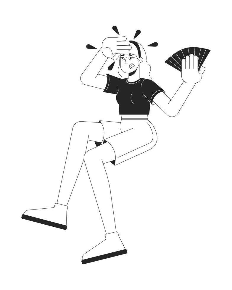 Young caucasian woman suffering from heatwave black and white 2D line character. Upset female with hand fan swiping sweat isolated outline person. Monochromatic spot illustration vector