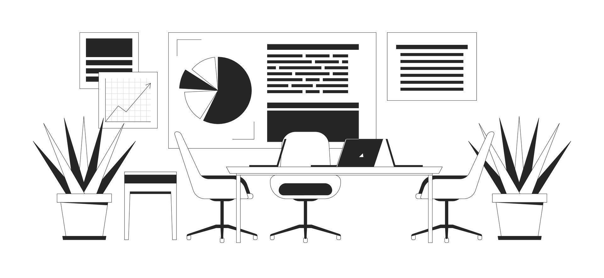 Corporate office interior with info charts linear illustration. Boardroom with furniture, houseplants and data presentation 2D line scene isolated on white. Monochrome outline image vector