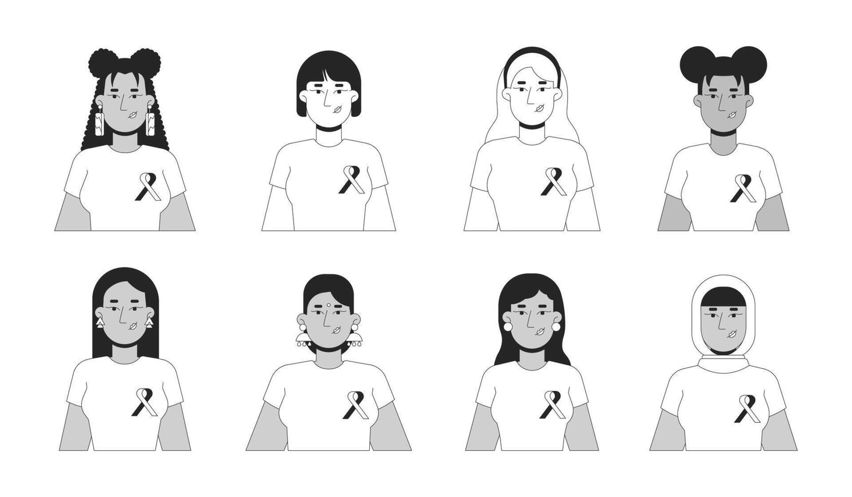 Diverse women wearing tshirt solidarity ribbon black and white 2D line characters set. International movement. Cancer females isolated outline people. Monochrome spot illustrations collection vector