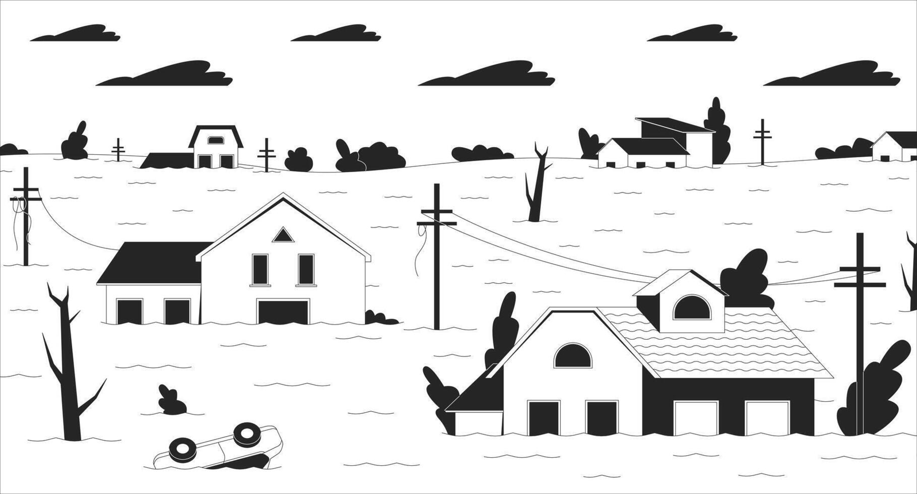 Floods danger black and white line illustration. Global climate crisis. Residential buildings going under water 2D landscape monochrome backdrop. Consequences of global warming outline vector