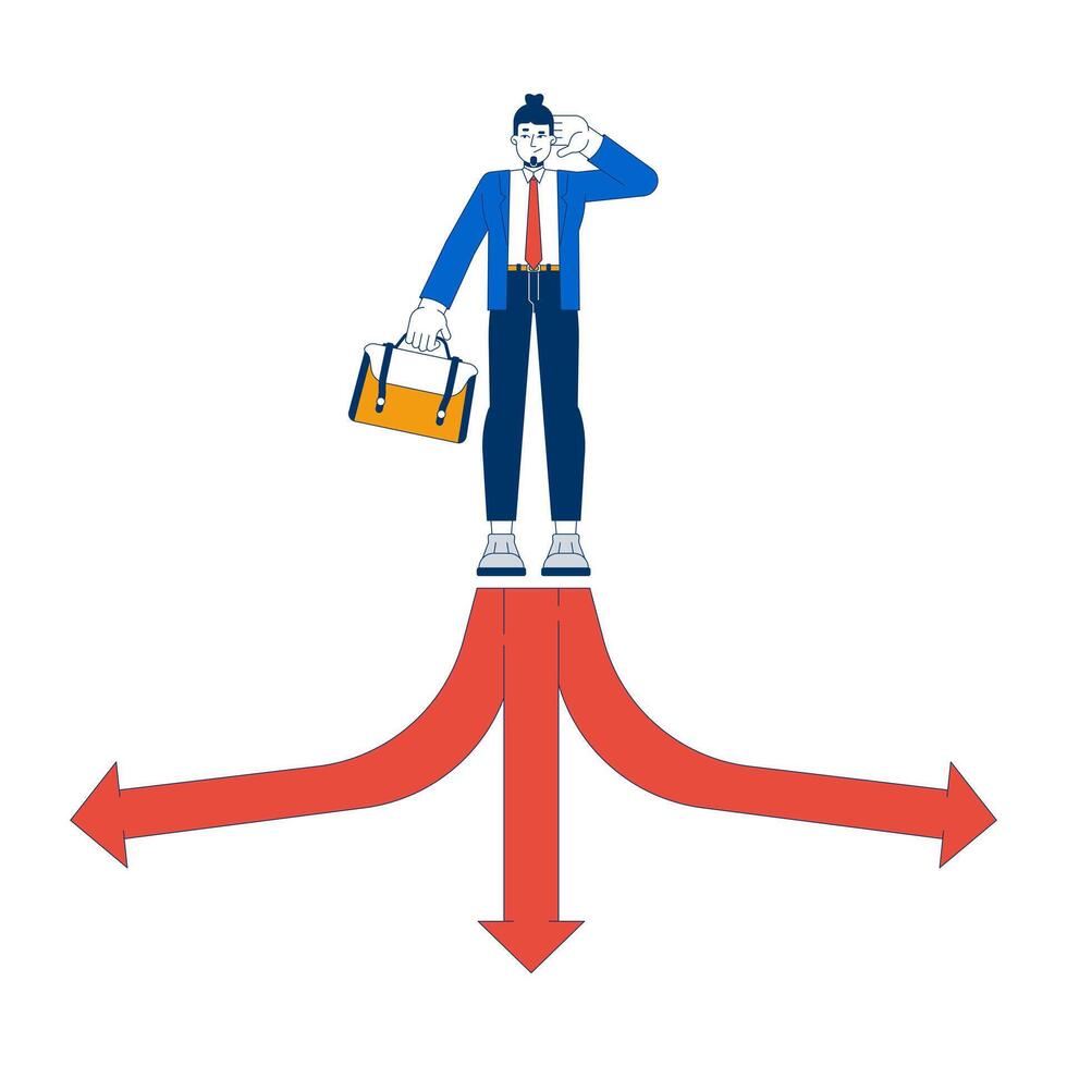 Different choices 2D illustration concept. Young caucasian man with briefcase making difficult decision on crossroad cartoon character isolated on white. Metaphor abstract flat graphic vector