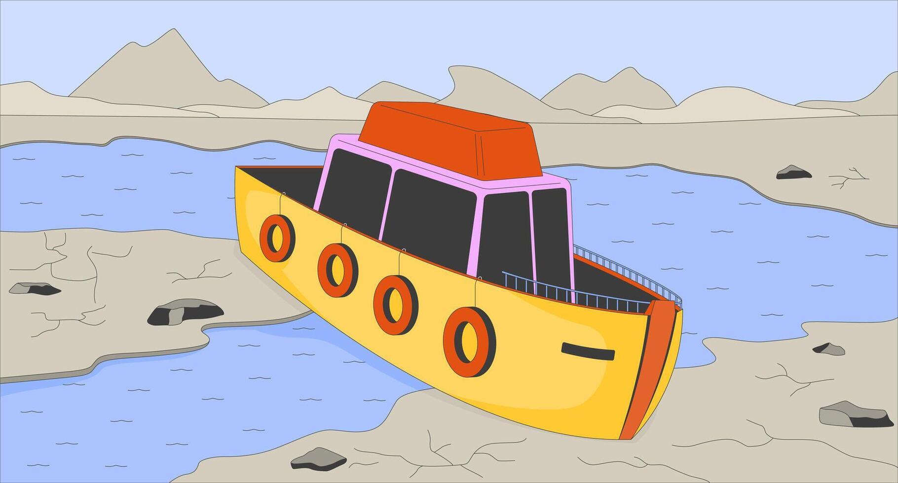 Rivers disappearing problem flat illustration. Ship running ground in shallow riverbed 2D landscape cartoon background. Climate crisis impact on environment condition scene image vector
